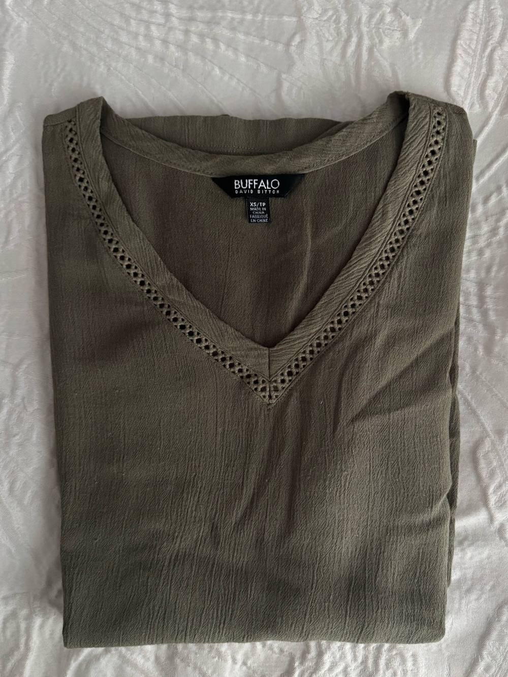 Buffalo David Bitton Olive V-Neck Eyelet Trim Top